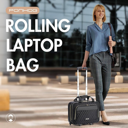 Ponhog Rolling Laptop Bag with Wheels for Women - Rolling Briefcase 15.6 Inch Laptop Bag Flight Approved Trolley Bag Carry On Luggage for Work Travel College Computer Business Lightweight Black