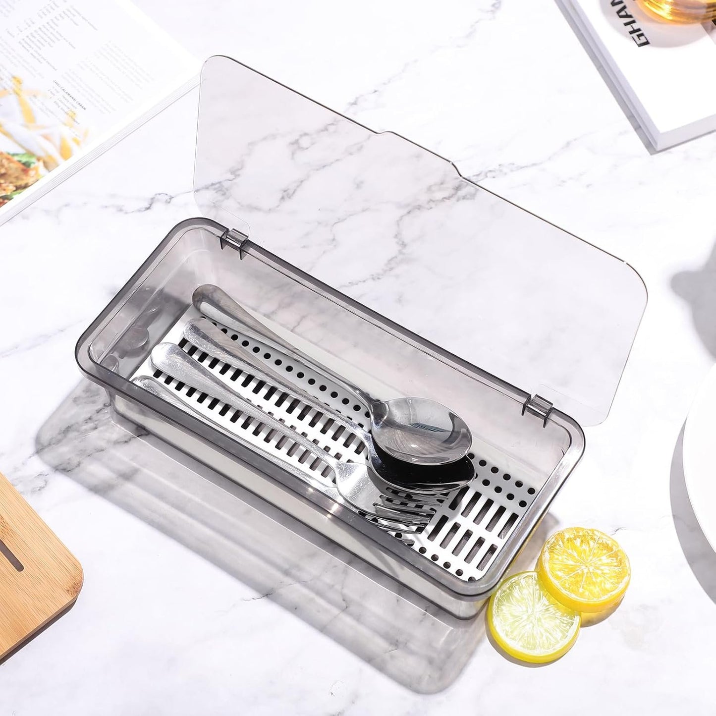 Flatware Tray Kitchen Drawer Organizer with Lid and Drainer- Plastic Kitchen Cutlery Tray and Utensil Storage Container with Cover- - Dinnerware Holder