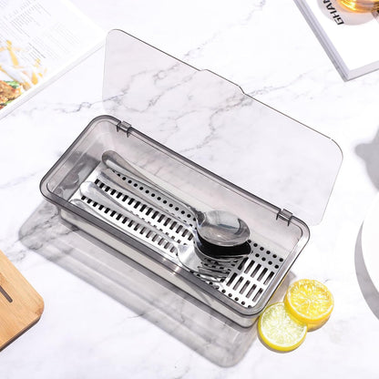 Flatware Tray Kitchen Drawer Organizer with Lid and Drainer- Plastic Kitchen Cutlery Tray and Utensil Storage Container with Cover- - Dinnerware Holder