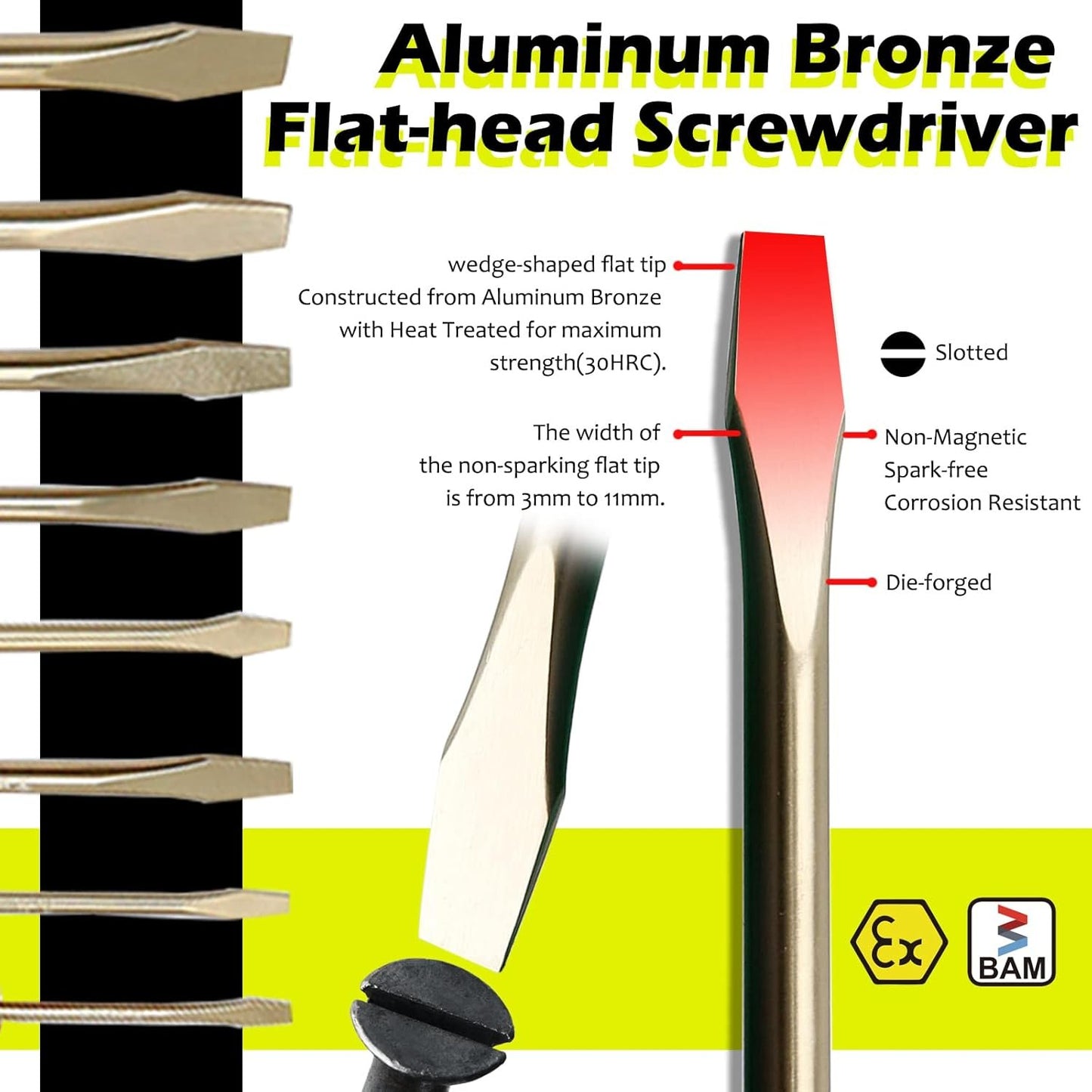 WEDO Non-Sparking Slotted Screwdriver, Spark-free Safety Flat-head Screwdriver, Aluminum Bronze, DIN Standard, BAM & FM Certificate, 12Inch, 8 * 200mm
