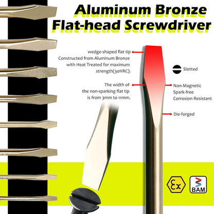 WEDO Non-Sparking Slotted Screwdriver, Spark-free Safety Flat-head Screwdriver, Aluminum Bronze, DIN Standard, BAM & FM Certificate, 12Inch, 8 * 200mm