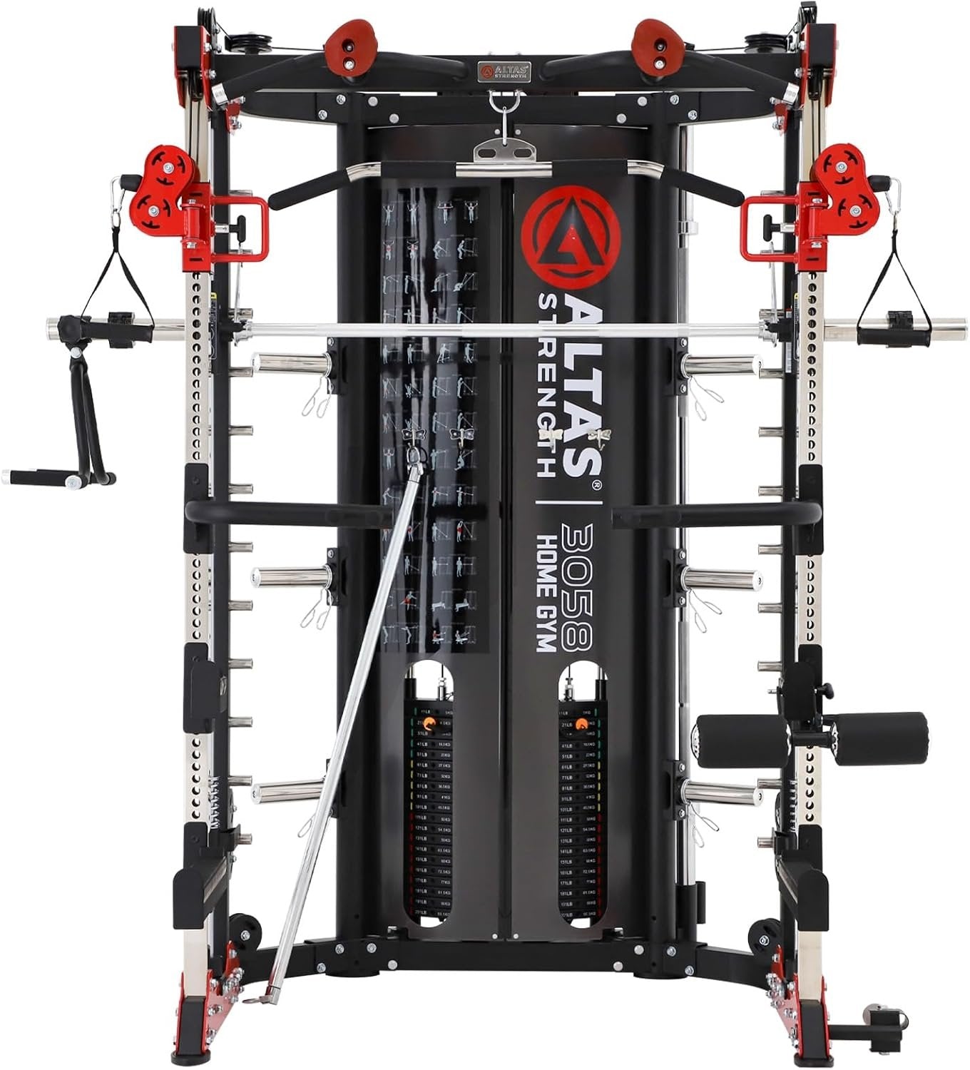 Altas Strength Home Gym Smith Machine with Pulley System Gym Squat Rack Pull Up Bar Upper Body Strength Training Leg Developer Light Commercial Fitness Equipment Included Accessories 3058G