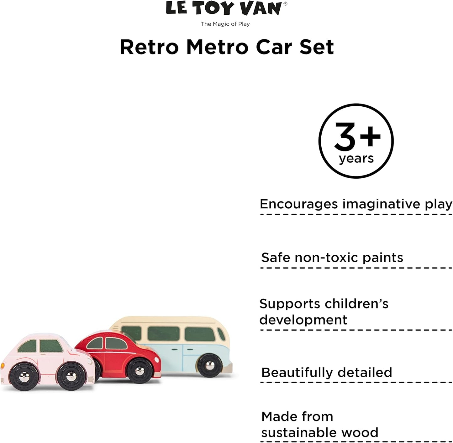 Le Toy Van - Cars & Construction Wooden Retro Metro Car Set Car Toy Play Set - Set 3 Cars | Boys Play Vehicle Kids Role Play Toys - Suitable for 3 Year Old + (TV463)