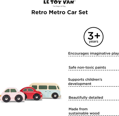 Le Toy Van - Cars & Construction Wooden Retro Metro Car Set Car Toy Play Set - Set 3 Cars | Boys Play Vehicle Kids Role Play Toys - Suitable for 3 Year Old + (TV463)
