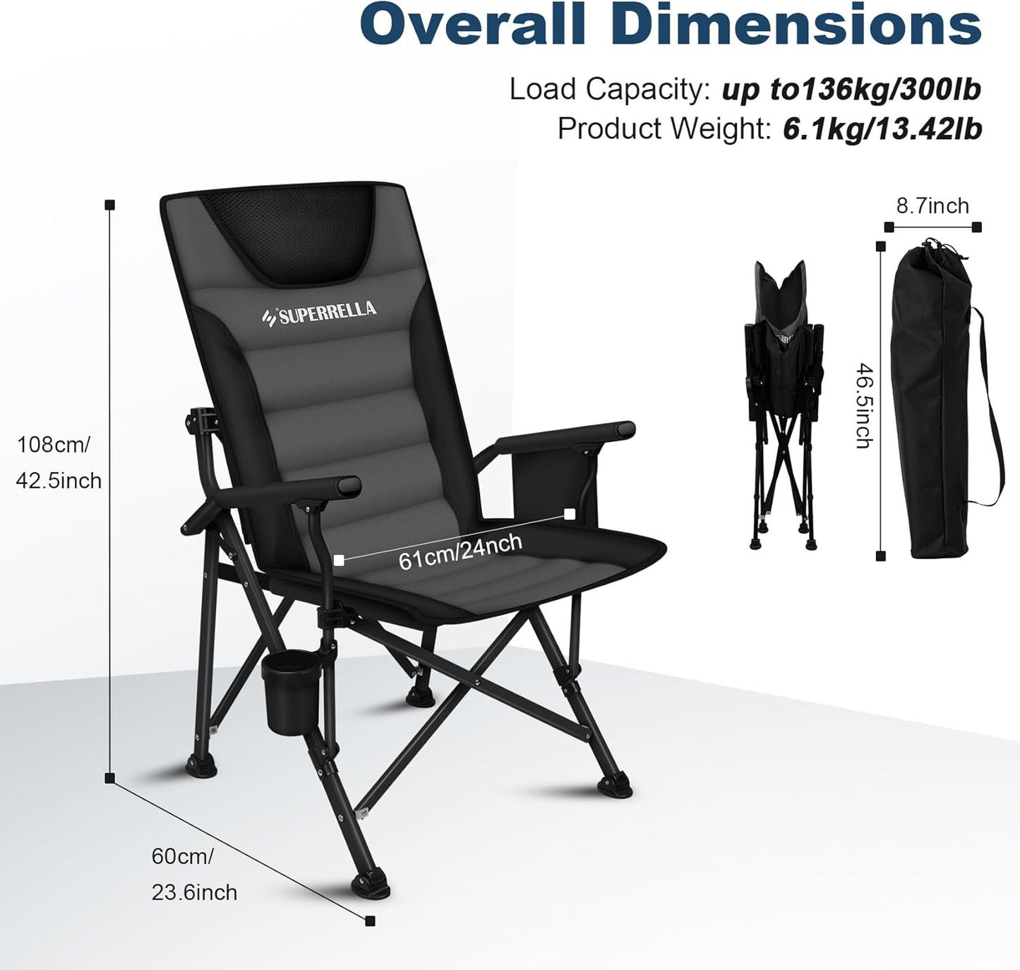 Superrella Movable Backrest Camping Chair for Adults with Cup Holder Folding Lawn Chairs for Outdoor Activities, Beach, Sports, Travel & Picnic, Black & Grey
