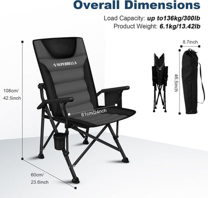 Superrella Movable Backrest Camping Chair for Adults with Cup Holder Folding Lawn Chairs for Outdoor Activities, Beach, Sports, Travel & Picnic, Black & Grey