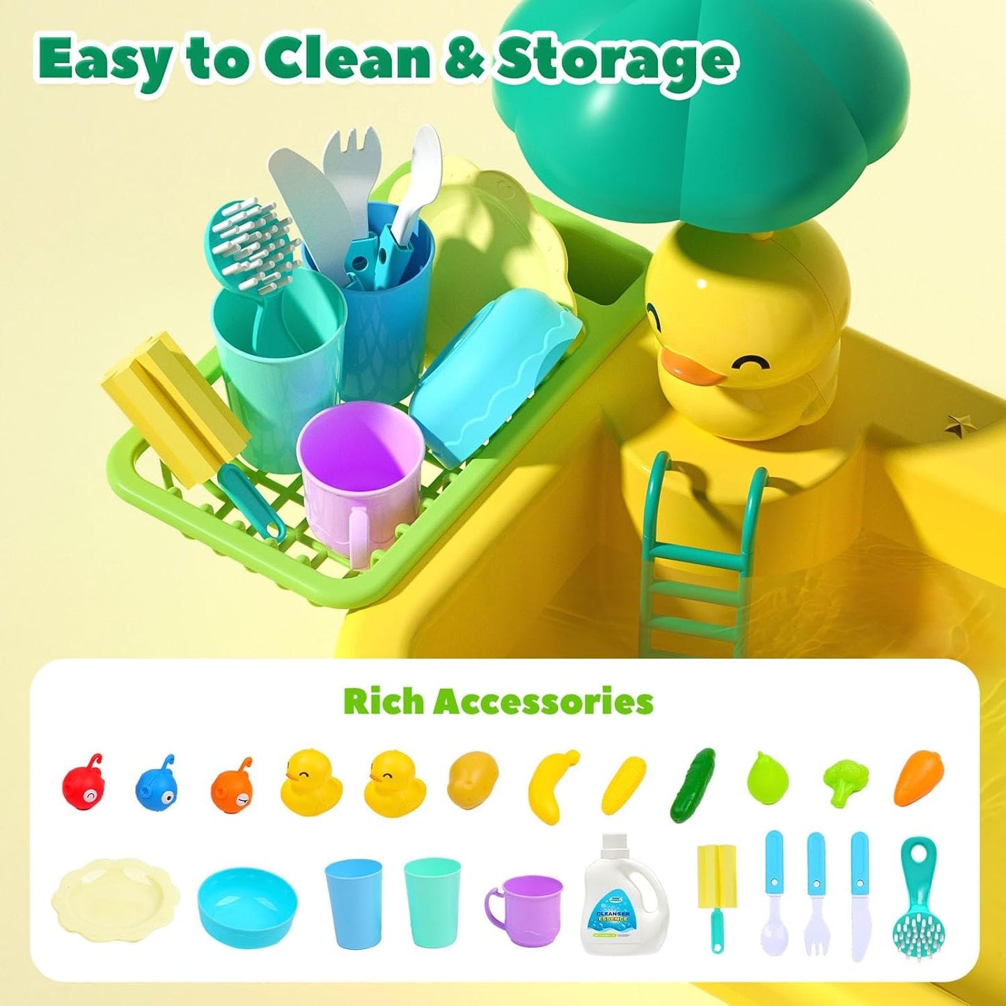 CUTE STONE Play Sink with Running Water, Kitchen Sink Toys with Upgraded Electric Faucet, Play Food Toys, Pool Floating Fishing Toys for Water Play, Kids Role Play Dishwasher Toy Gift for Boys Girls