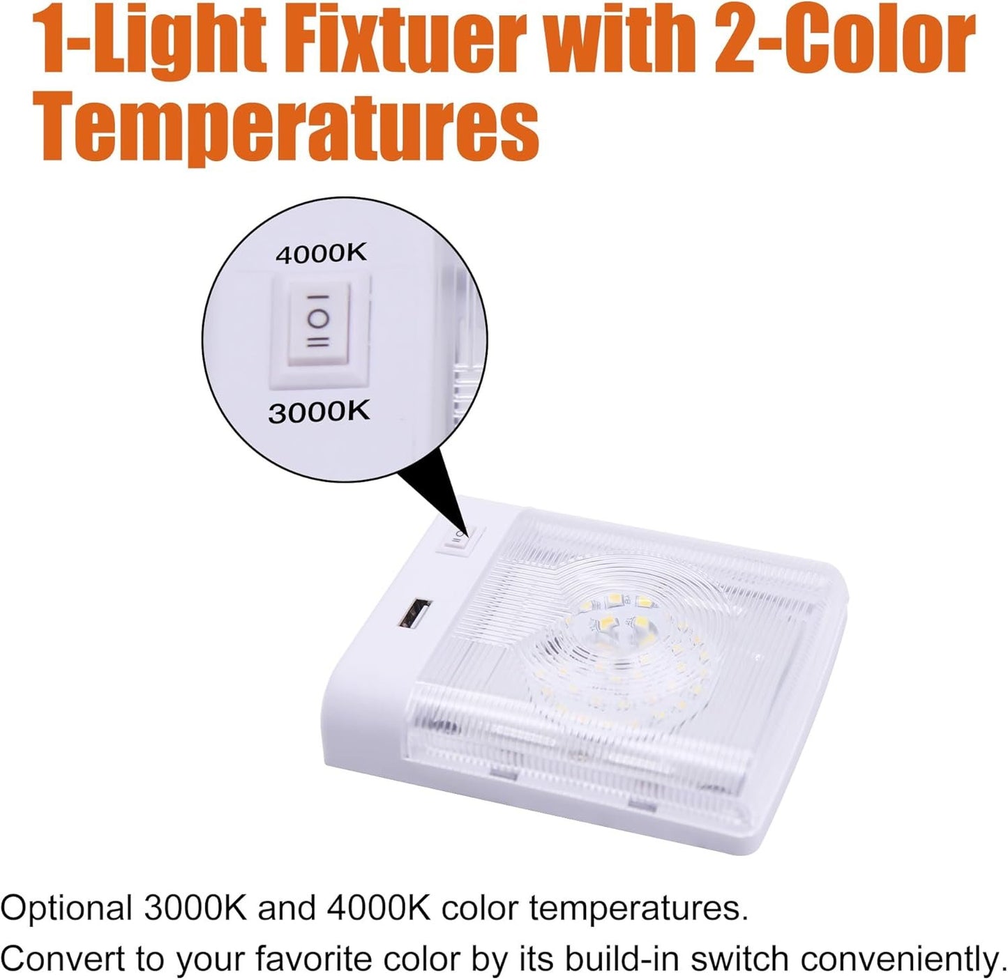 Facon 12V RV Interior Lights with Fast USB Charger (5V/2.4A), Dual-Tone 3000K/4000K Smart Lighting Upgrade for RVs, Campers, Boats, Square Single Pancake RV Lighting