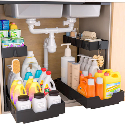 2-Tier Under Sink Organizers, 2 Pack Sliding L-shape Cabinet Organizers Narrow Space Storage Shelves Multi-purpose Sink Organizer Baskets with 4 Hook for Kitchen Bathroom Drawer, Black