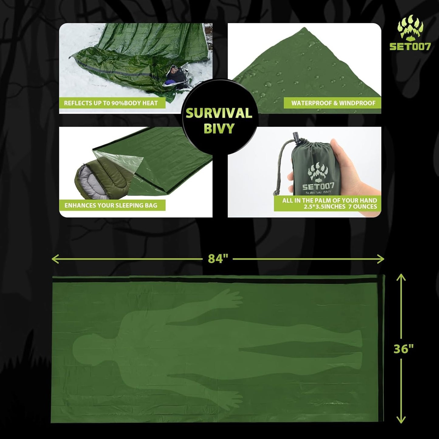 SET007 4PCS Survival Mylar Kit, 2 Person Mylar Emergency Shelter Tube Tent with Paracord, Thermal Mylar Poncho, Survival Blanket, Emergency Bivy, Military Grade Supplies for Hiking Camping, Green