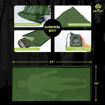 SET007 4PCS Survival Mylar Kit, 2 Person Mylar Emergency Shelter Tube Tent with Paracord, Thermal Mylar Poncho, Survival Blanket, Emergency Bivy, Military Grade Supplies for Hiking Camping, Green