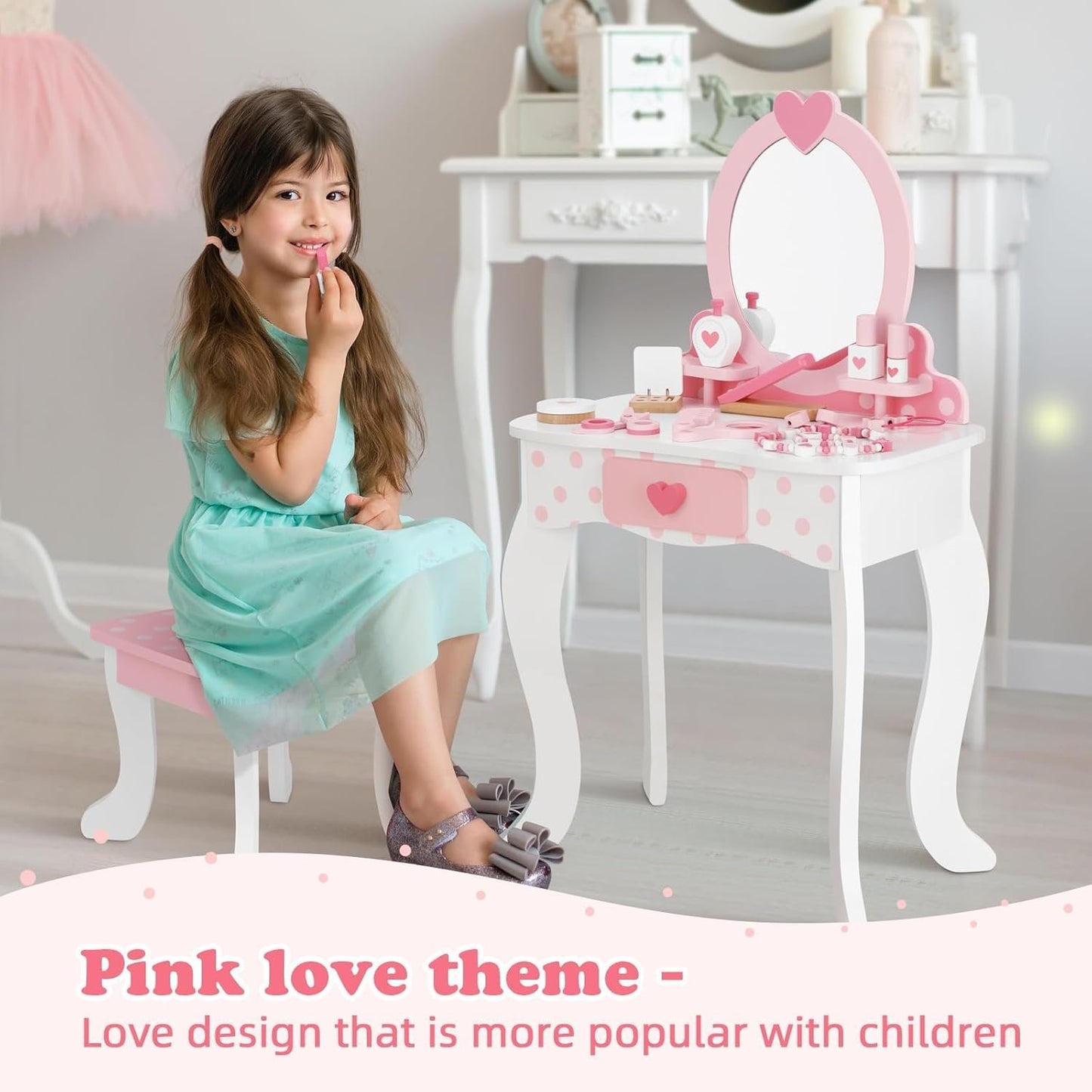 OOOK Kids Vanity Set, Table & Chair Vanity Set with Mirror and 15 pcs Interesting Make-up Accessories, Pink Makeup Dressing Table with Storage Drawer, Premium Gift for Girls.