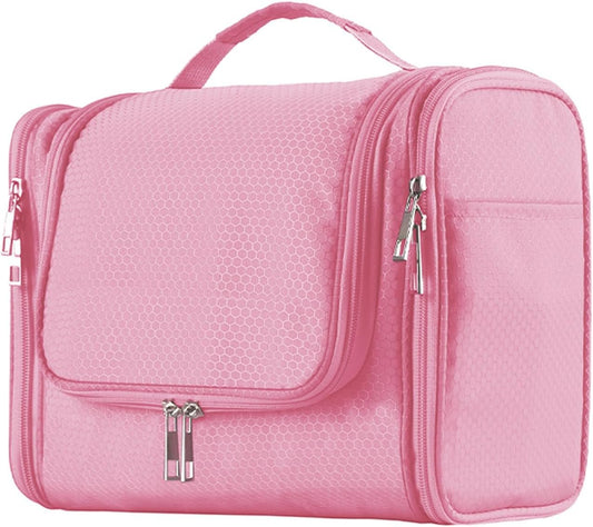 Buruis Large Capacity Toiletry Bag for Women, Hanging Toiletry Organizer Cosmetics Makeup Bag, Water-Resistant Hygiene Travel Bag for Full Sized Toiletries, Travel Essentials, Accessories (Pink)