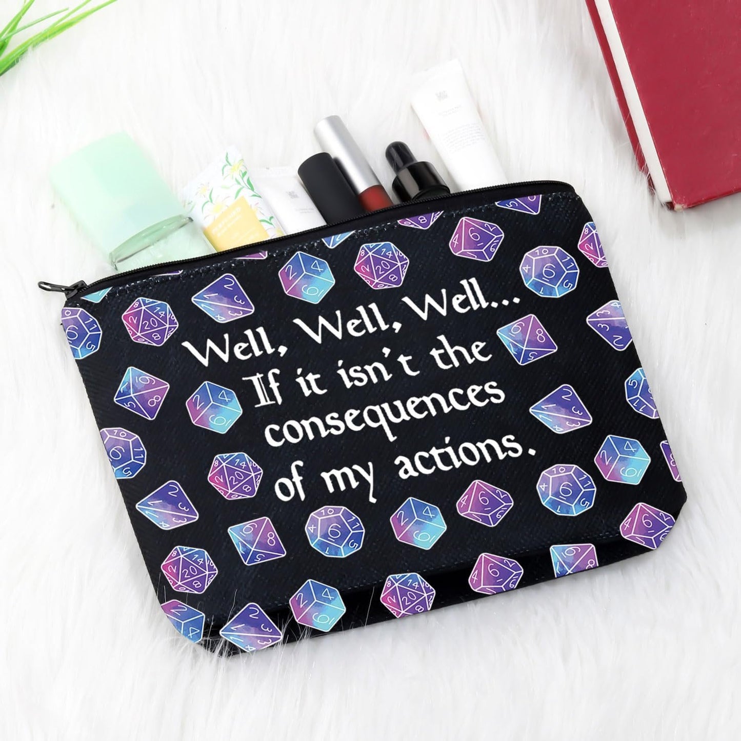 DND Gift Role Playing Games Gift D20 Dice Pouch D&D Accessory Pouch Bag DM Games Makeup Bag for RPG Gamer (My Actions Bag CA)