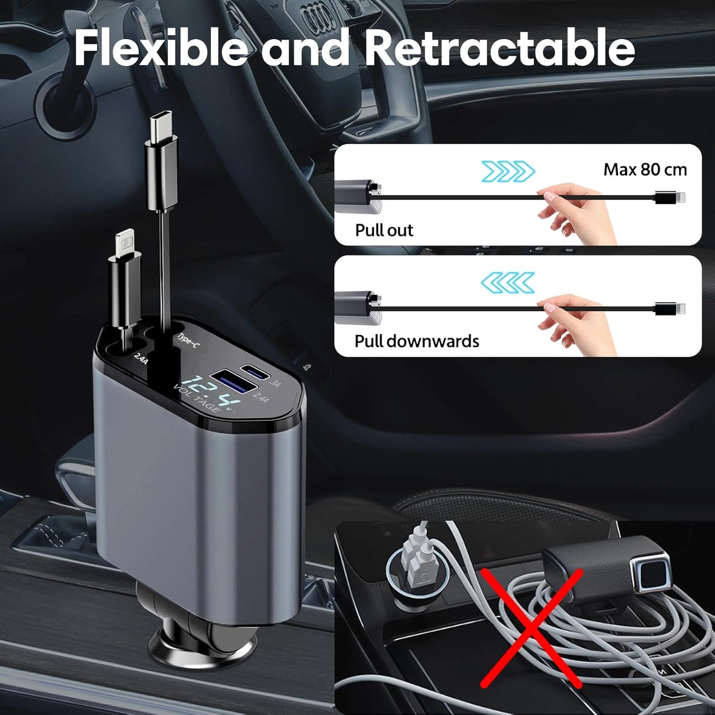 Sweetone Retractable Car Charger, Portable Car Charger 66 W Cigarette Lighter Socket USB C, Charger Adapter for Car Mobile Phone, Car Charger Compatible with iPhone/Samsung Galaxy/iPad