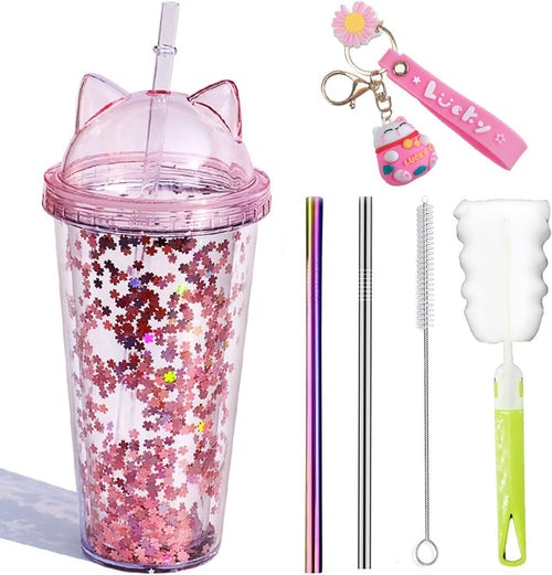 Bling Pink Cat Travel Tumblers for kids Cups for adults Drinking Cups with straw lid Travel Ice Coffee Trumblers Reusable Plastic Cup Water Bottle Drinkware
