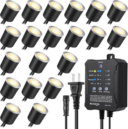 SMY Lighting Dimmable LED Deck Lights with Timer and Photocell Sensor and Protecting Shell φ32mm,20Pack Outdoor LED Smart Deck Lighting IP67 Waterproof for Garden,Yard Stair, Patio, Floor Decoration