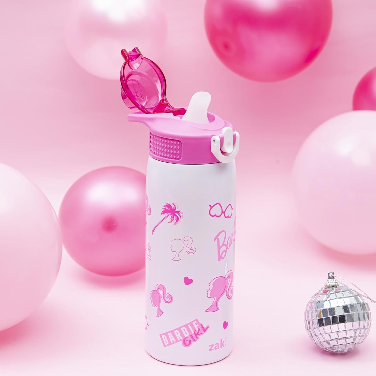 Zak Designs Barbie Kids Water Bottle For School or Travel, 19oz Stainless Steel Water Bottle With Straw, Handle, and Leak-Proof, Pop-Up Spout Cover (Barbie)