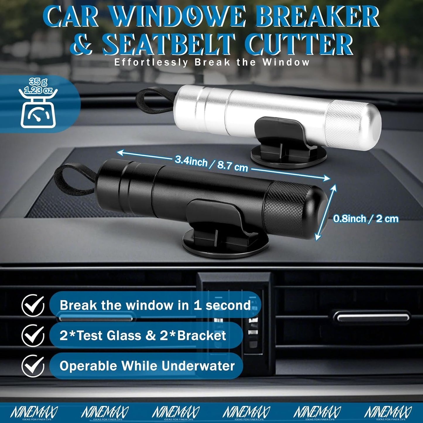NINEMAX Car Window Breaker Seatbelt Cutter, Pack of 2 Car Escape Glass Breaker Keychain Safety, 2-in-1 Emergency Rescue Window Punch Tool Underwater