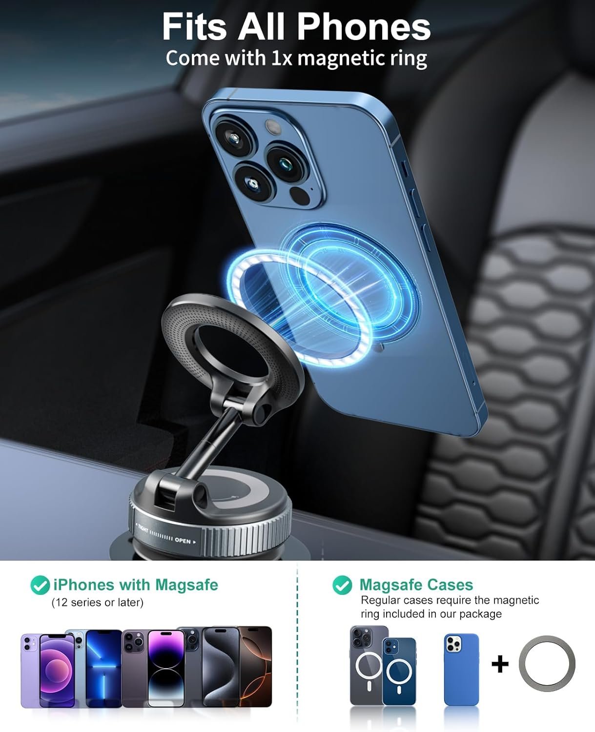 Vacuum Magnetic Car Phone Holder for MagSafe, 360°Magnetic Phone Holder for Car Hands-Free Suction Cup Car Phone Holder Mount for Car/Gym/Mirror/Shower, Cell Phone Holder for iPhone 16 15 14 Android