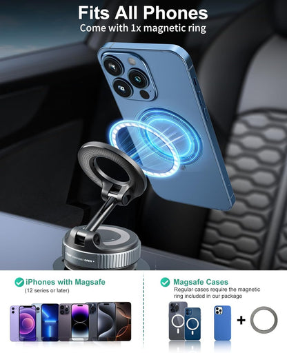 Vacuum Magnetic Car Phone Holder for MagSafe, 360°Magnetic Phone Holder for Car Hands-Free Suction Cup Car Phone Holder Mount for Car/Gym/Mirror/Shower, Cell Phone Holder for iPhone 16 15 14 Android