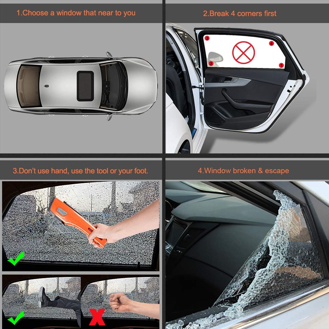 LUXON Emergency Tool 7-in-1 Car Safety Tool,Includes Window Hammer,Seat Belt Cutter,LED Flashlight,Rescue Tool Contains USB Charger,SOS Light,Hand Cranking Charge for Vehicle Escape/Field Survival