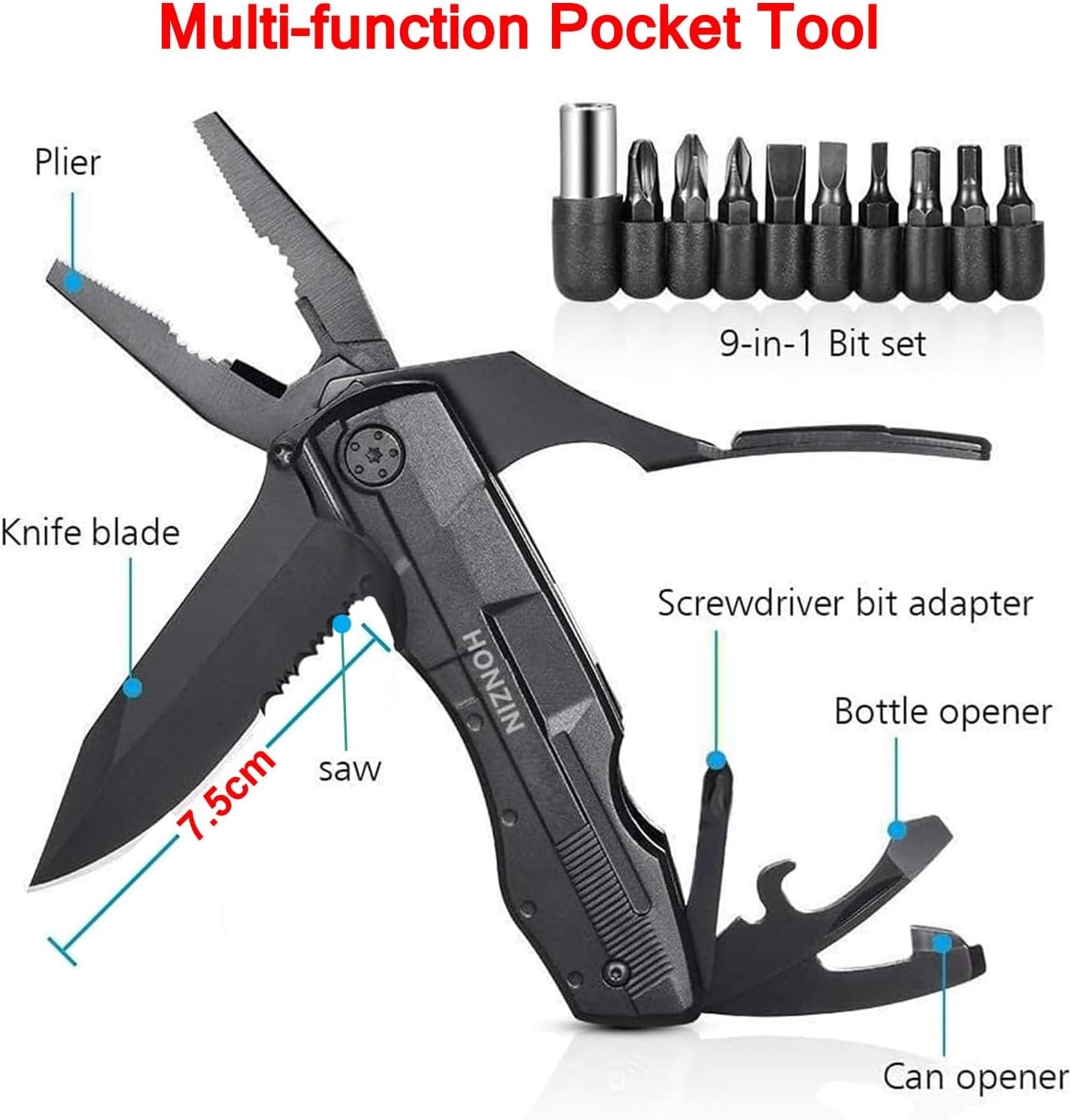 HONZIN Multitool Pliers 16 in 1 Multitool Pocket Knife with Nylon Sheath Black Multi Tool for Camping Outdoor Survival