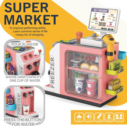 Cash Register Playset for Kids-46PCS with Scanner, Play Food and Money, Mini Supermarket Grocery Play Store Pretend Cashier, Coffee Machine, Pretend Play Toy Gift for Toddlers Boys Girls Ages 3 4 5 6