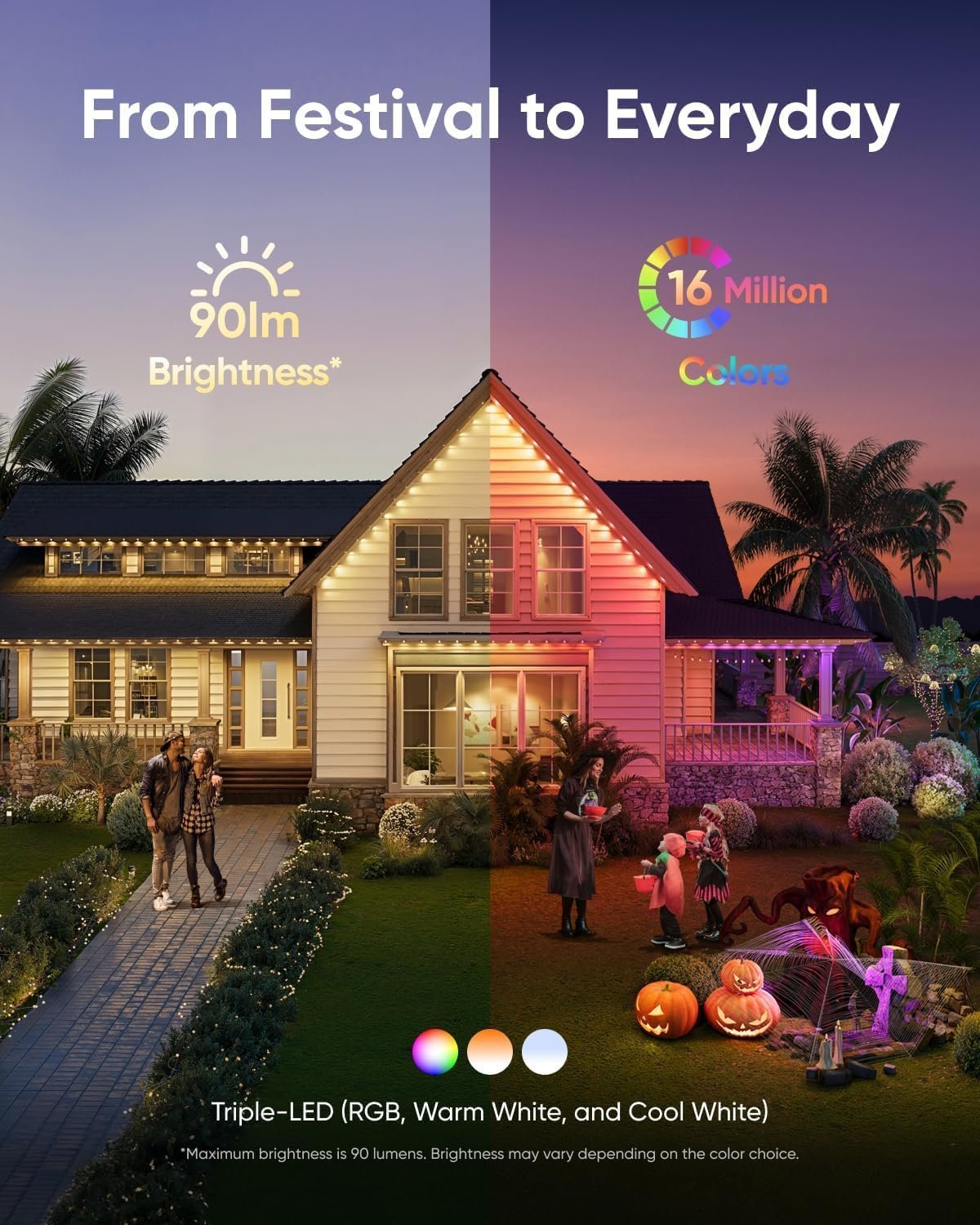 eufy Permanent Outdoor Lights E22, 15 Meters with 30 Triple-LED Lights, Smart RGBWW Lights, Daily and Festive, Up to IP67 Waterproof, AI Lighting Themes for Christmas, Links with Cameras, APP Control