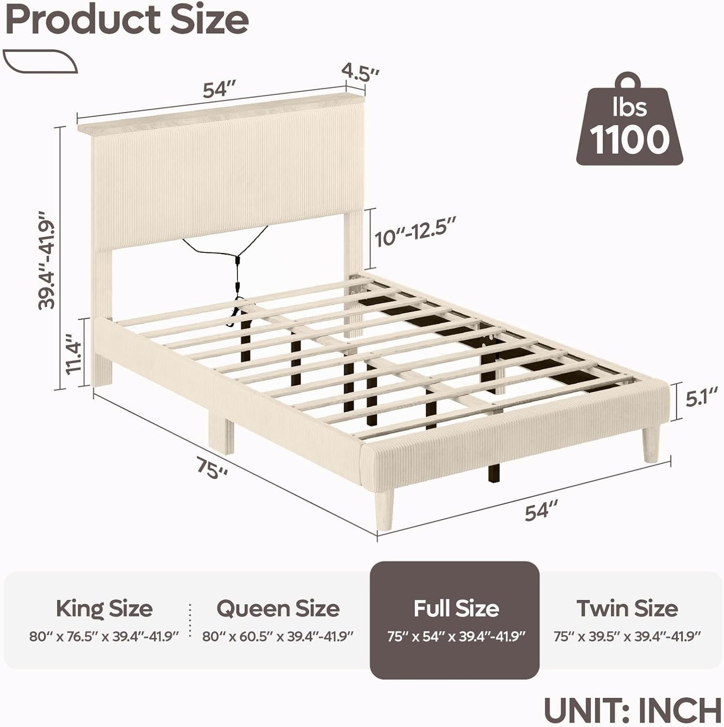 Bestier Full Corduroy Upholstered Bed Frame with Adjustable Vertical Channel Headboard, LED Platform Bed with Storage Shelf, Solid Wood Leg & Slat Support, No Box Spring Needed, Never Squeaks, Cream