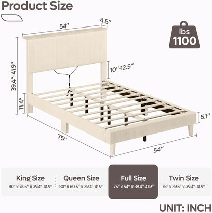 Bestier Full Corduroy Upholstered Bed Frame with Adjustable Vertical Channel Headboard, LED Platform Bed with Storage Shelf, Solid Wood Leg & Slat Support, No Box Spring Needed, Never Squeaks, Cream