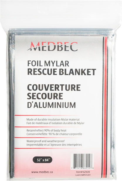 Medbec Emergency Foil Mylar Thermal Blanket, 52" Length x 84" Width, Silver (Pack of 12)