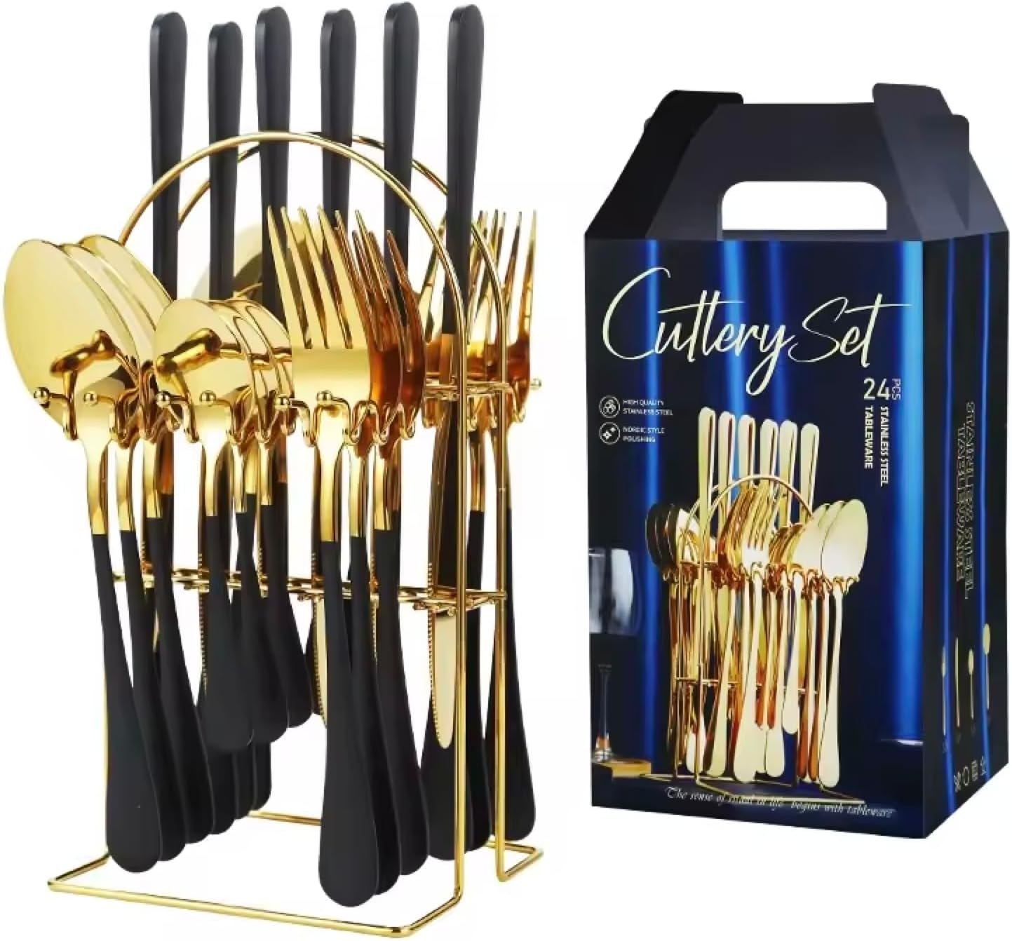 The Modern Nest- 24-Piece Gold Black Stainless Steel Cutlery Setâ€“ Elegant Flatware for 6, Modern Utensil Set with Spoons, Forks, Knives, Dishwasher Safe