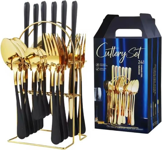 The Modern Nest- 24-Piece Gold Black Stainless Steel Cutlery Setâ€“ Elegant Flatware for 6, Modern Utensil Set with Spoons, Forks, Knives, Dishwasher Safe