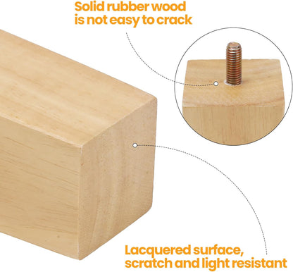 Luabue 4 Pieces Wooden Furniture Feet 20 cm Square Wooden Legs for Cabinet Sofa Bed Table with Mounting Plate, Non-Slip Pad and Screws