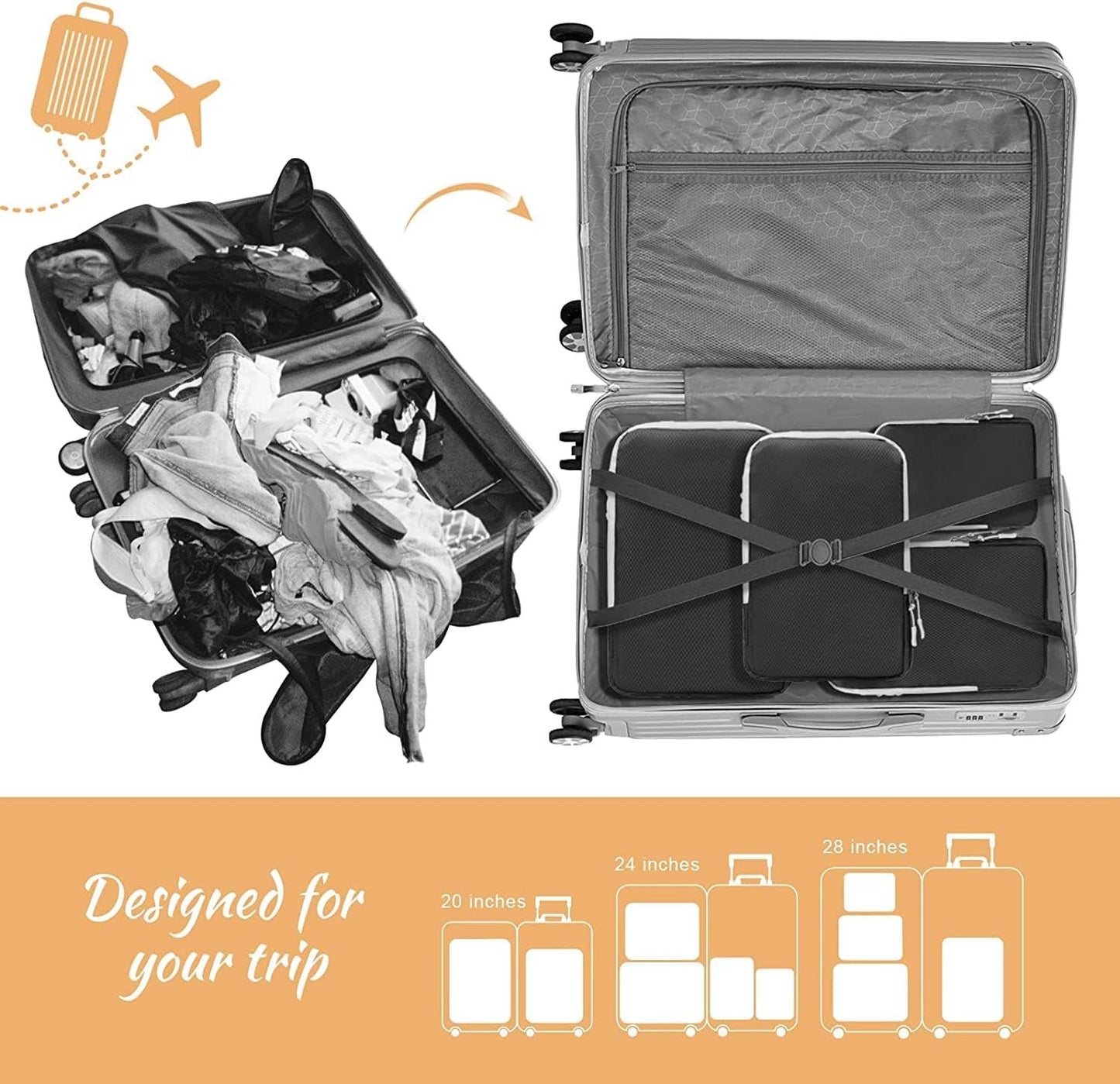 Compression Packing Cubes for Suitcases, Travel Essentials Expandable Travel Bags Organizer for Luggage-4 Set (Black)