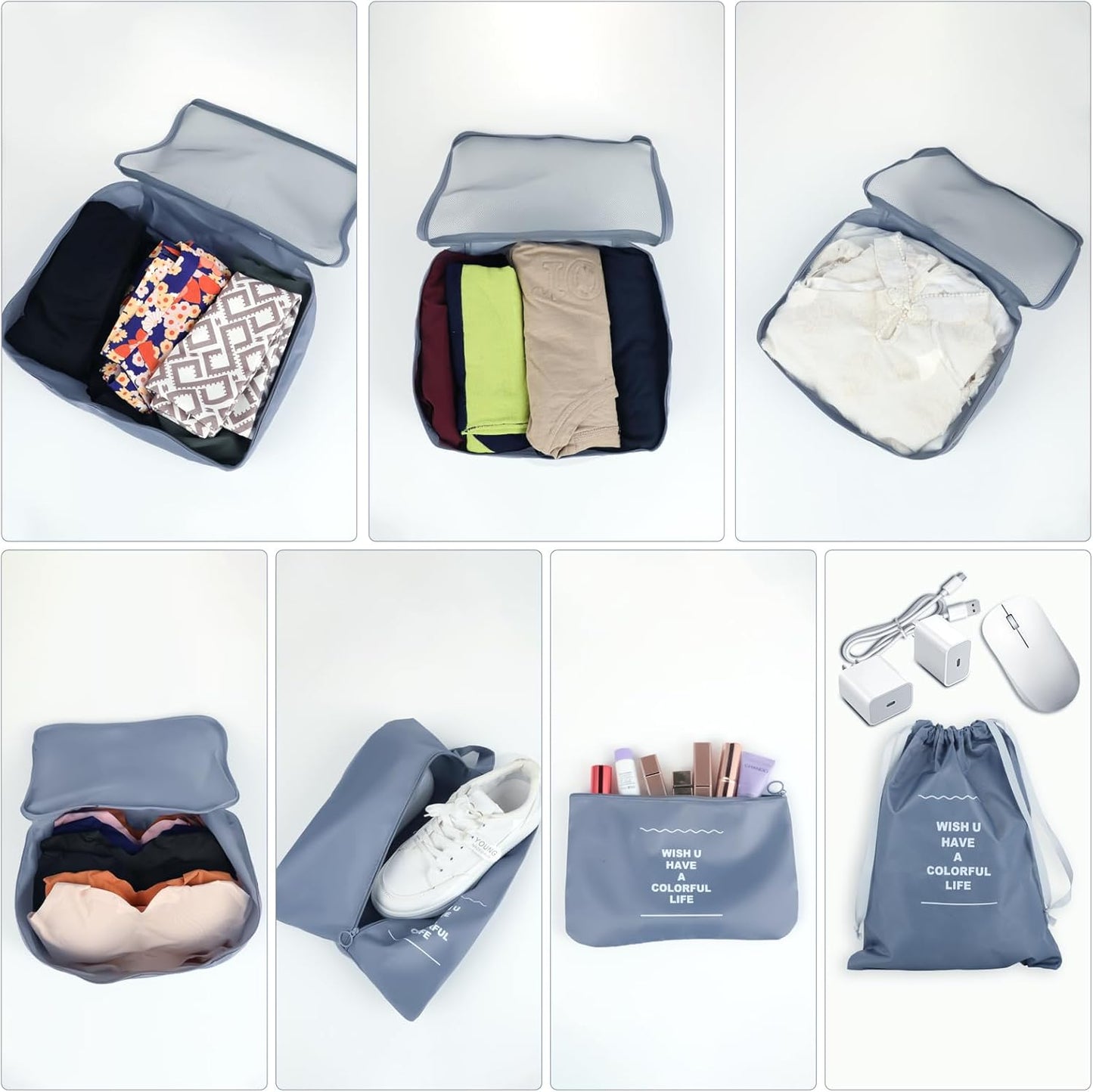 Set of 7 Packing Cubes - Suitcase Organizer - Suitcase Organizer - Waterproof Travel Bags, Luggage Organization System for Suitcases and Backpacks Ideal for Holidays and Travel (Grey)
