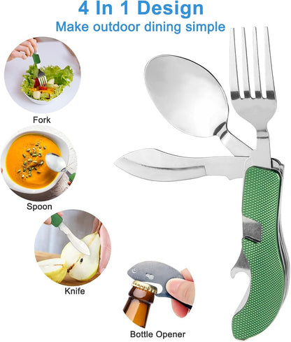 5Pcs Camping Utensils Cutlery Set - 4 in1 (Fork/Spoon/Knife/Bottle Opener) - Stainless Steel Folding & Detachable Backpacking Utensils for Hiking Survival Camping Travel