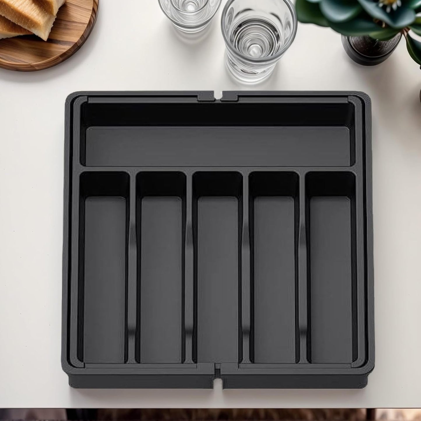 VEHIRANS Cutlery Utensil Drawer Organizer, Expandable Utensil Tray for Kitchen, Silverware Holder, Adjustable Plastic Storage for Spoons Forks Knives, Organizers and Storage,Large (Black)