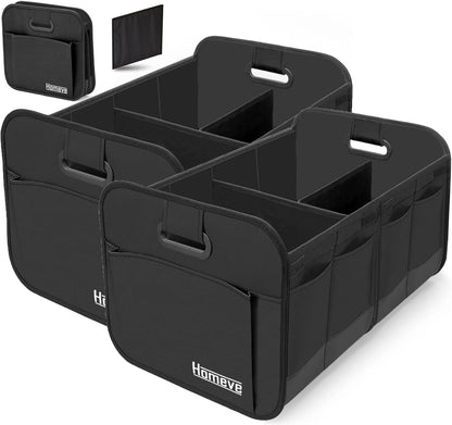 Homeve 2 Pack Trunk Organizer for Car, Reinforced Handles, Collapsible Multi-Compartment Car Organizers, Foldable and Waterproof, 600D Oxford Polyester, Suitable for Any Car, SUV, Mini-Van, Black