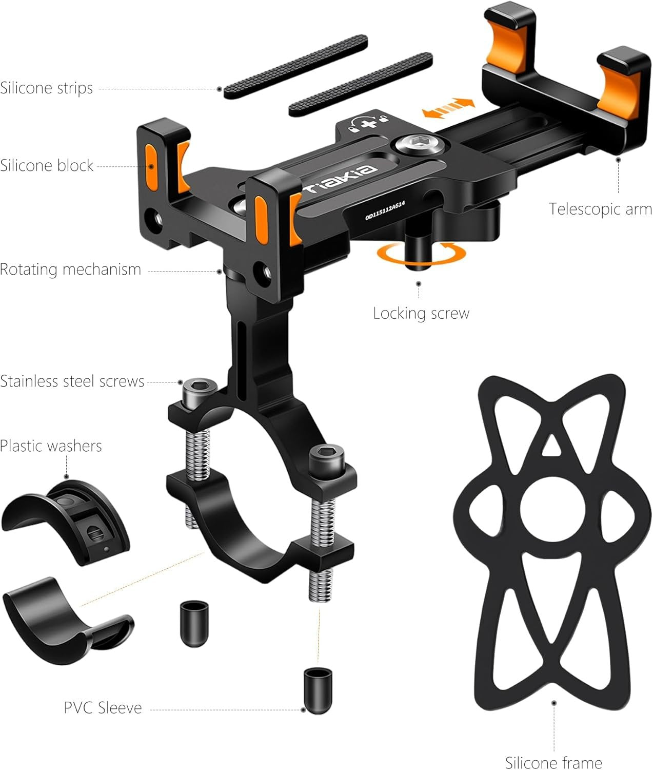 Tiakia Aluminum Bike Phone Mount【Camera Friendly 】 Universal Motorcycle Phone Mount 【Anti Shake & Anti-Theft 】 360° Rotation Bicycle Cell Phone Holder with Silicone Band for 4.5-7 inches Smartphone