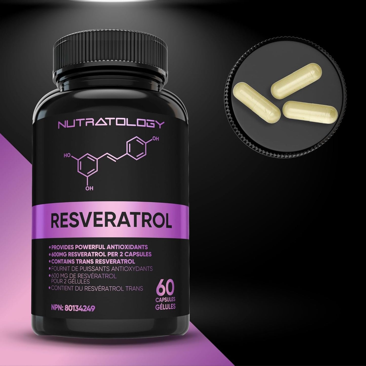 Nutratology Resveratrol Supplement - 600MG Per 2 Capsules - Antioxidant Supplement - Anti Aging Trans Resveratrol - Increases Cardiovascular Health, Cell Regeneration+Hair Growth - 60 Caps