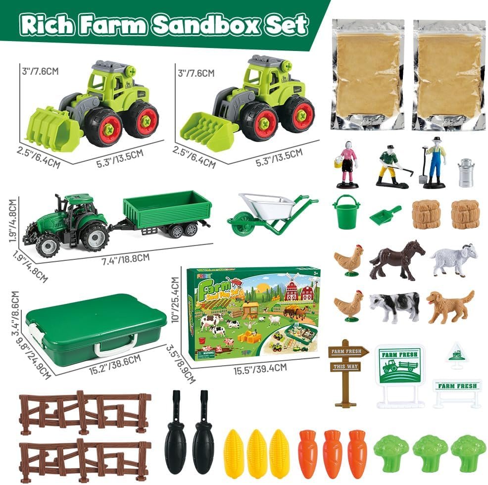 FRUSE Play Sand Farm Animal Toys,Sensory Bins for Toddlers with 1KG Sensory Play Sand,Farm Figures & Tractor Playset,Sandbox for Kids 3 4 5 6 7