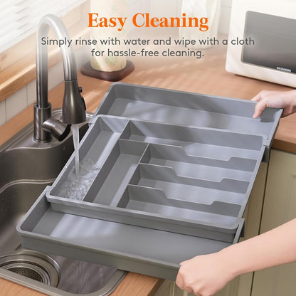Lifewit Expandable Silverware Drawer Organizer, 16.7 inches Deep Adjustable Utensil Cutlery Tray for kitchen, Plastic Flatware Spoon Fork Knives Holder Storage Divider, 7 Compartment, 1 Pack, Gray