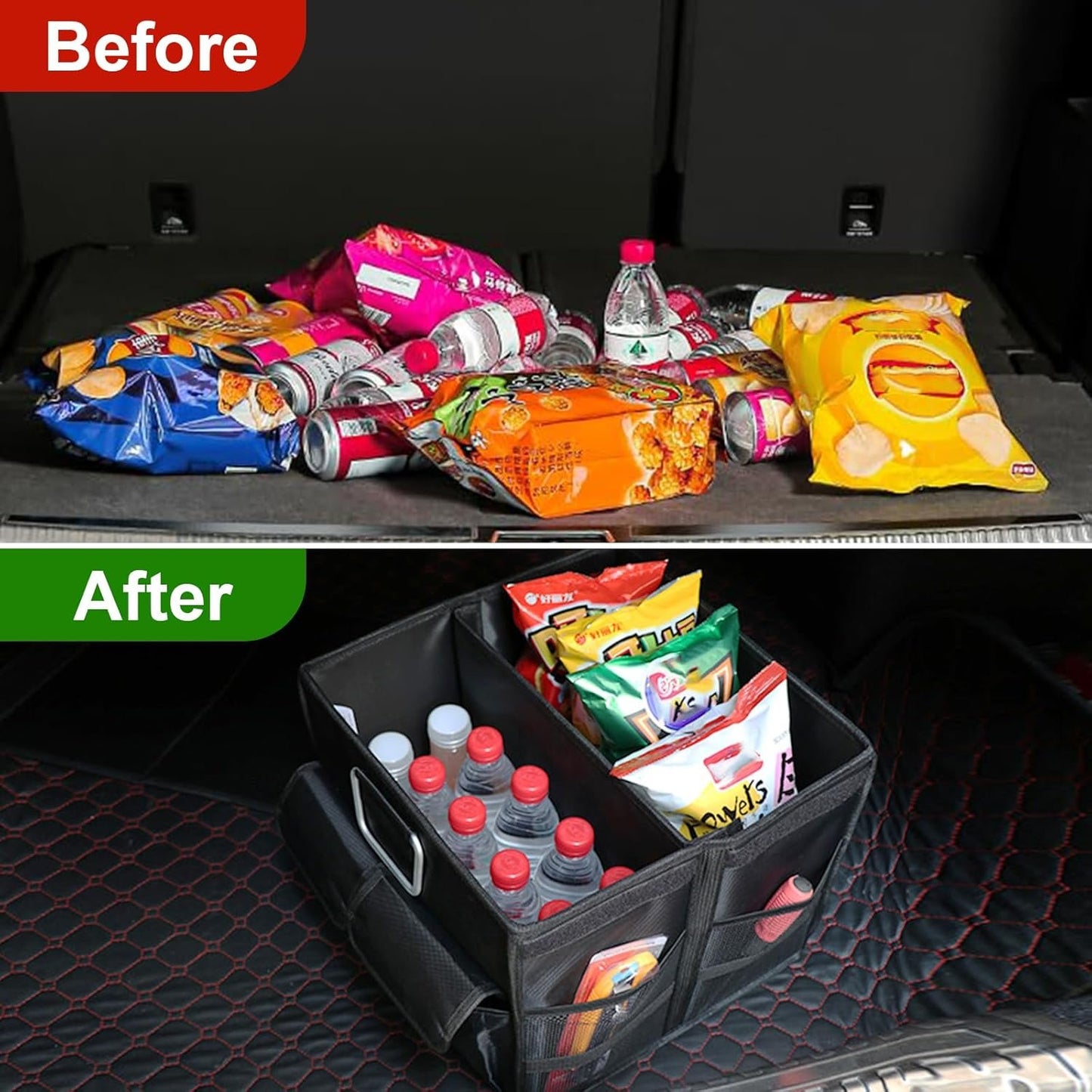 IEHOME Car Trunk Organizer, 36L Collapsible Multi Compartment Black SUV, RV, Car Organizer with Non Slip Base, Waterproof Bag & Reflective Strip