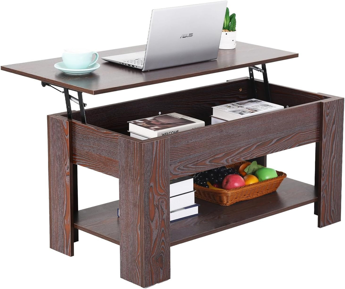 Lift Top Coffee Table w/Hidden Compartment and Storage Shelf,Retro Wooden Lift Tabletop Dining Table Multifunctional Wood Working Table for Living Room Office Reception Room,39.4in L,Espresso