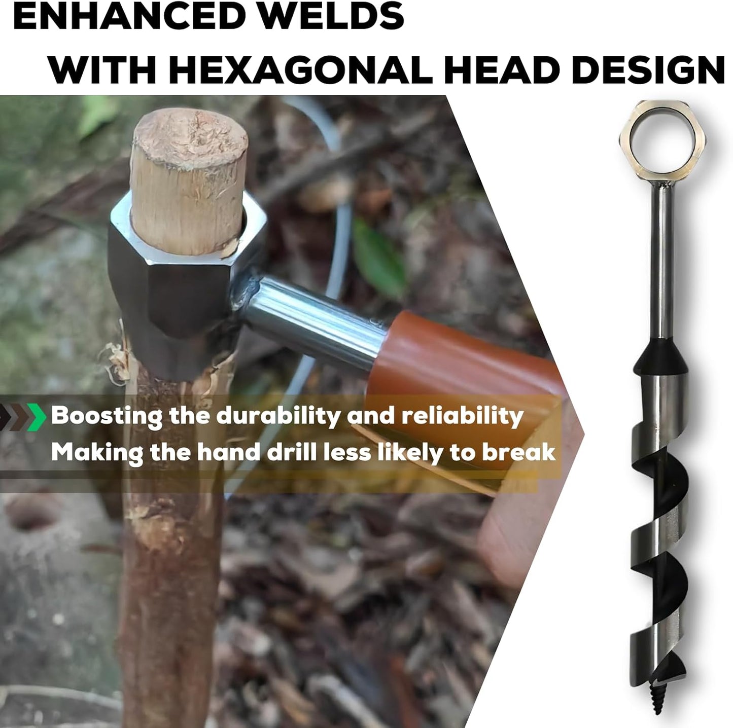 MinliGUY Hand Auger Wood Drill, Upgrade Welds Bushcraft Auger w/ Sharp Scottish Eye, Survival Tools for Bushcraft Projects/ Camping/Outdoors, 1*10inch Settlers Wrench & Folding Saw Kit, Bushcraft Gear