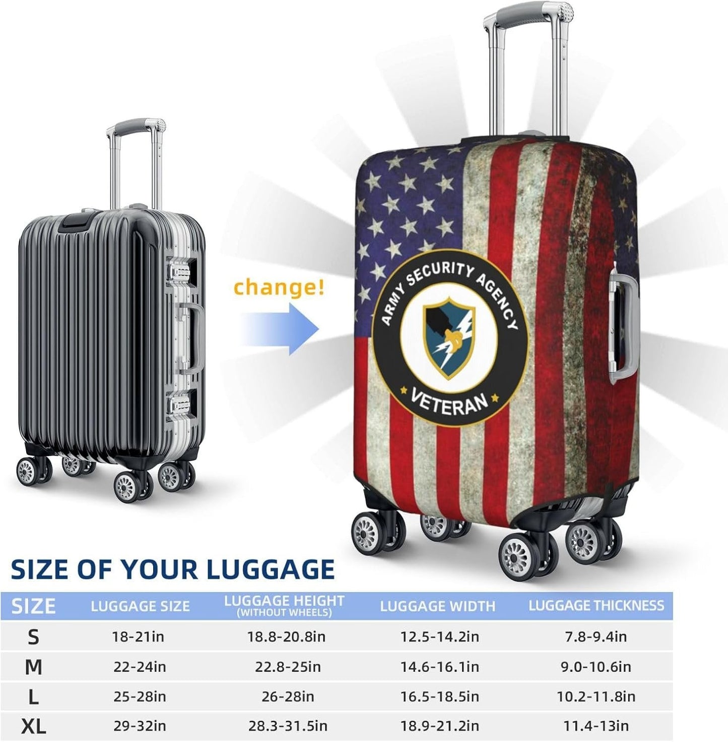 WOLEN Us Army Security Agency Veteran Luggage Cover Travel Luggage Protective Cover, Black, Small