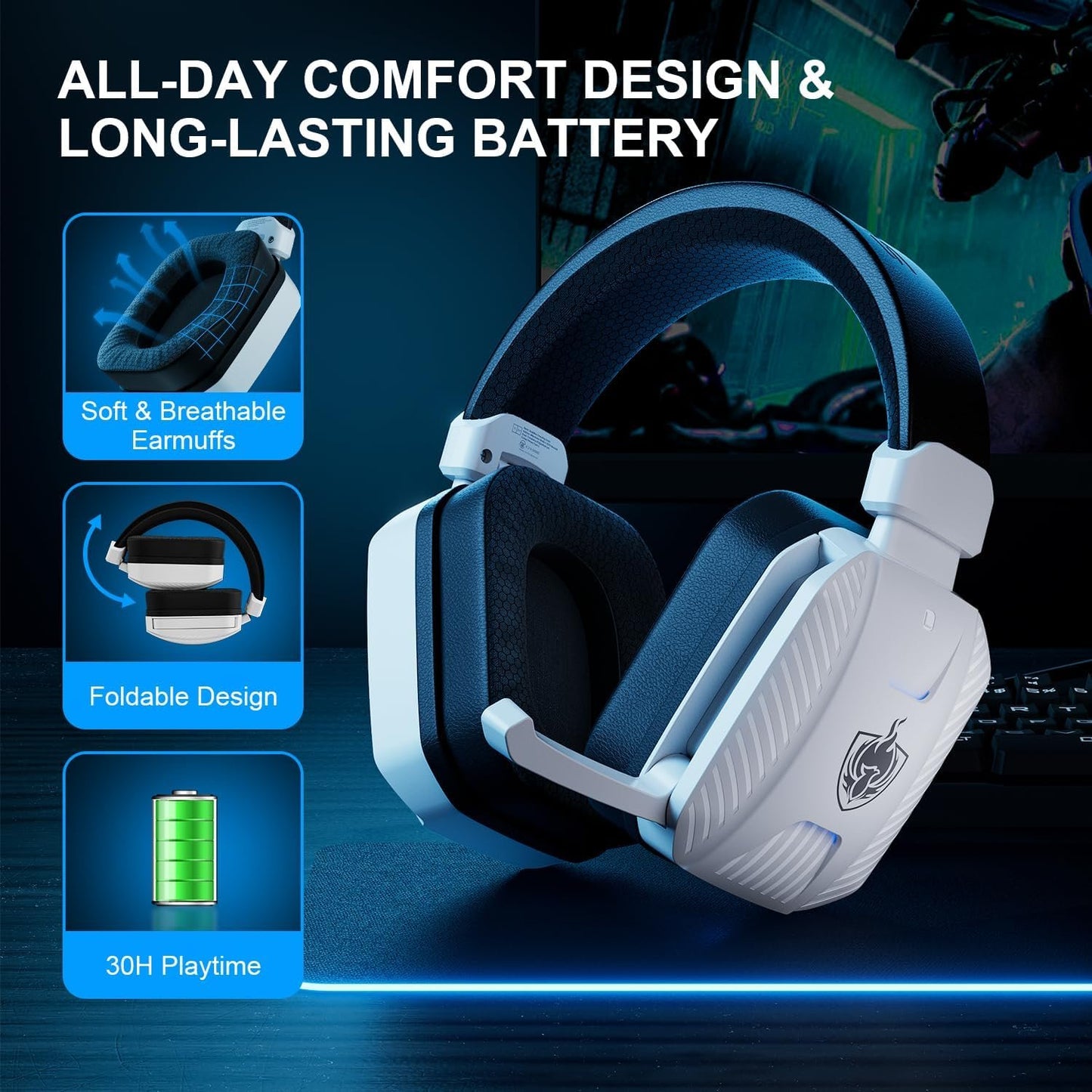 YOTMS 2.4GHz Wireless Gaming Headset for PS5, PS4, PC, Switch, Over Ear Gamer Headphones with Noise Canceling Mic, 7.1 Surround Sound, 30+Hr Battery, Bluetooth 5.3 for Phone/Laptop/Tablet/Mac (White)