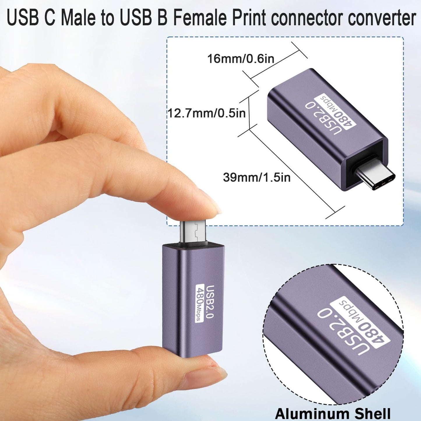 QIANRENON USB C Male to USB B Female Printer Adapter Type C Plug to MIDI Jack Electronic Music Connector 480Mbps 20W 9V2A Charging, Aluminum Case for Laptop Phone St